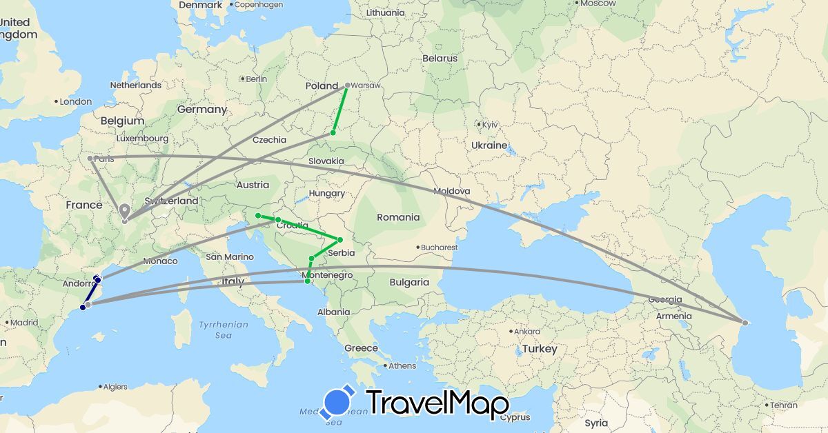 TravelMap itinerary: driving, bus, plane in Azerbaijan, Bosnia and Herzegovina, Spain, France, Croatia, Poland, Serbia, Slovenia (Asia, Europe)